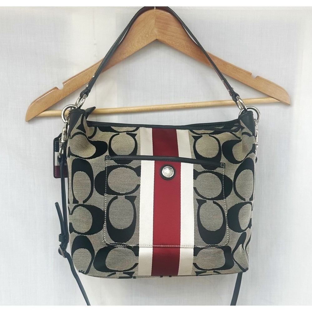 COACH Signature Hampton Stripe Purse Classic Logo Shoulder Crossbody Black Red